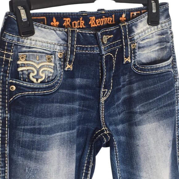 Rock Revival Jeans Womens 25 Alaina Blue  Skinny Distressed Embroidered Pockets - Picture 1 of 16
